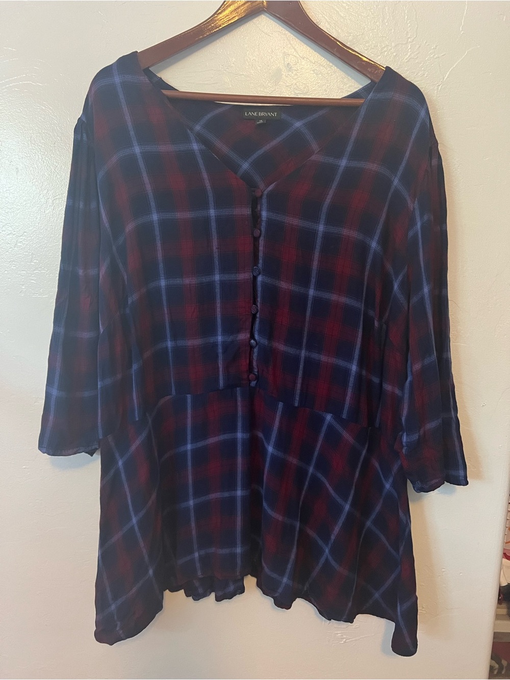 Lane Bryant Navy and Burgundy Plaid Button-Front Tunic Size 24
